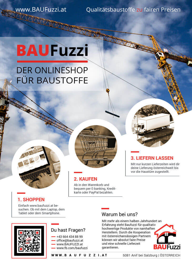 Baufuzzi.at der Onlineshop für Baustoffe, Baustoffhandel, Baumaterial, Fassadenputze, Ziegel, Trockenbau, Sanierputz, Estrich, Gipskarton, Kellerdeckendämmung, Werkzeug, Heimwerken, DIY, Sanierung, Onlineshop mit österreichweitem Versand